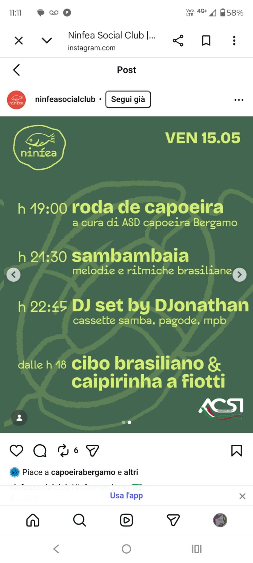 Ninfea Social Club — Roda de Capoeira, Sambambaia, DJ set — Venerdì 15 Maggio
